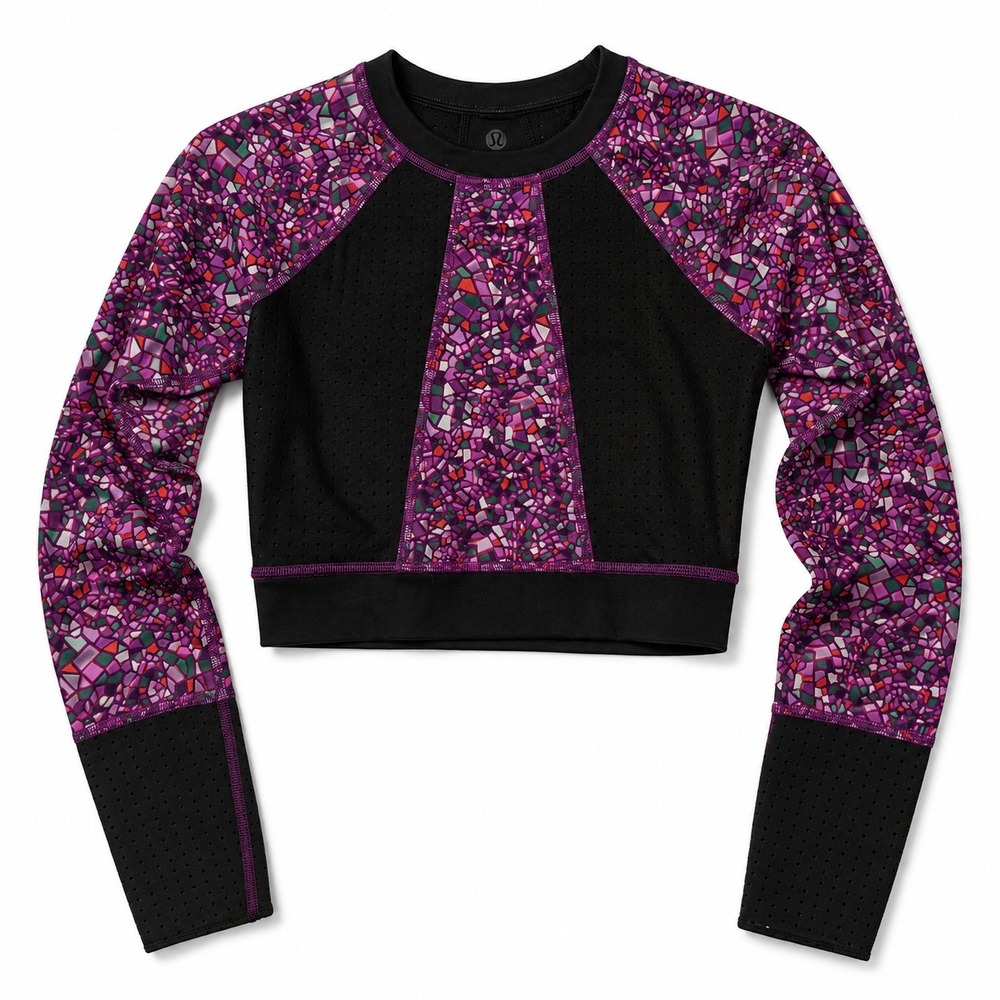 Lululemon Cropped Run Top Womens 4 Purple Mosaic Long Sleeve Workout Athletic